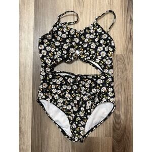 Girls Art Class Daisy Floral One Piece Swimsuit Size 8 Black Cutout Knot Front
